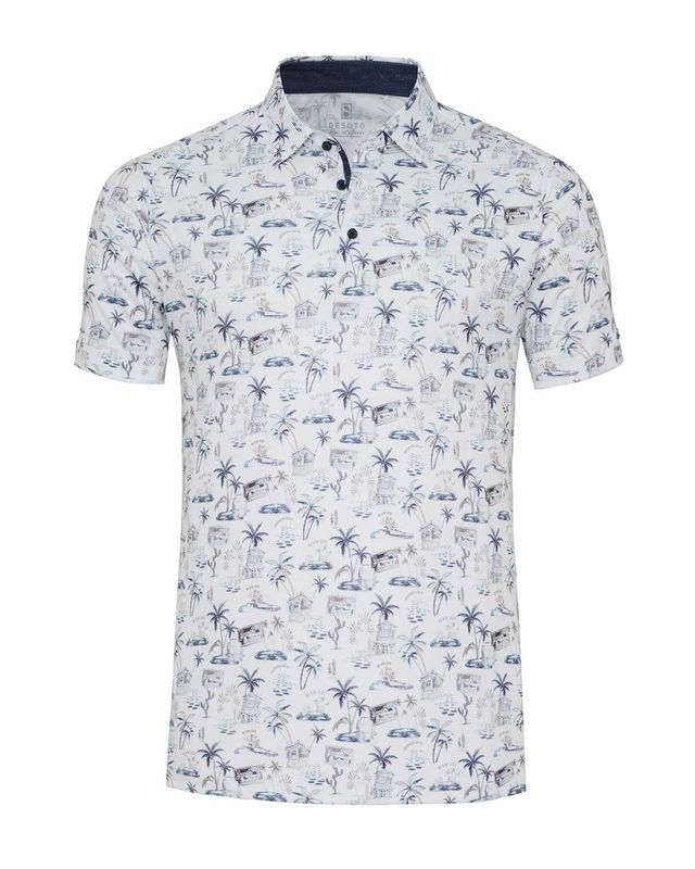 Witte Desoto jersey polo met Hawaii-print, Kent-kraag en raglanmouwen