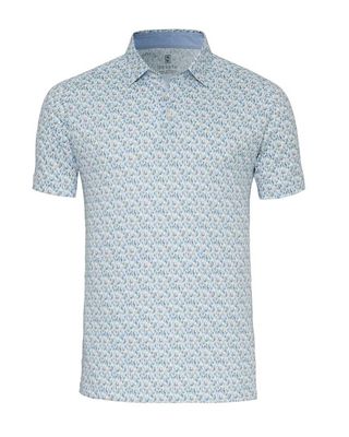 Desoto lichtblauwe jersey polo met fijn all-over dessin en Kent-kraag

