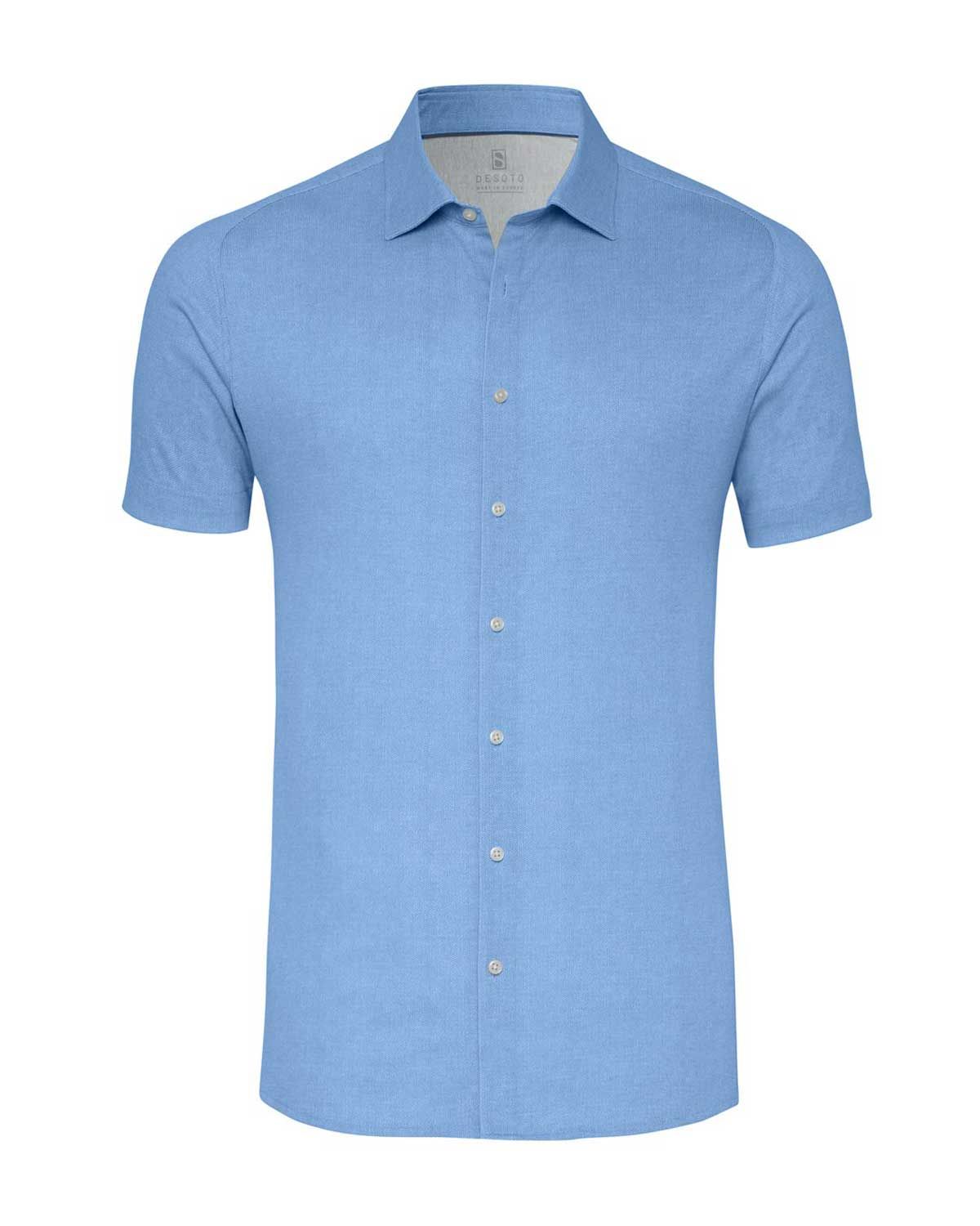 Desoto korte mouw overhemd 83032-3-530 in effen blauw jersey stretchkatoen met kentkraag

