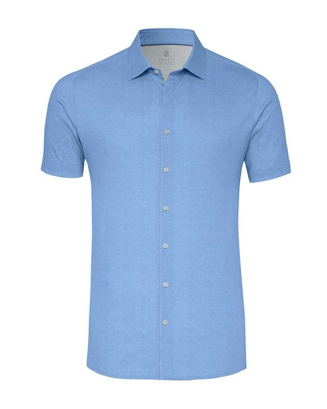 Desoto korte mouw overhemd 83032-3-530 in effen blauw jersey stretchkatoen met kentkraag

