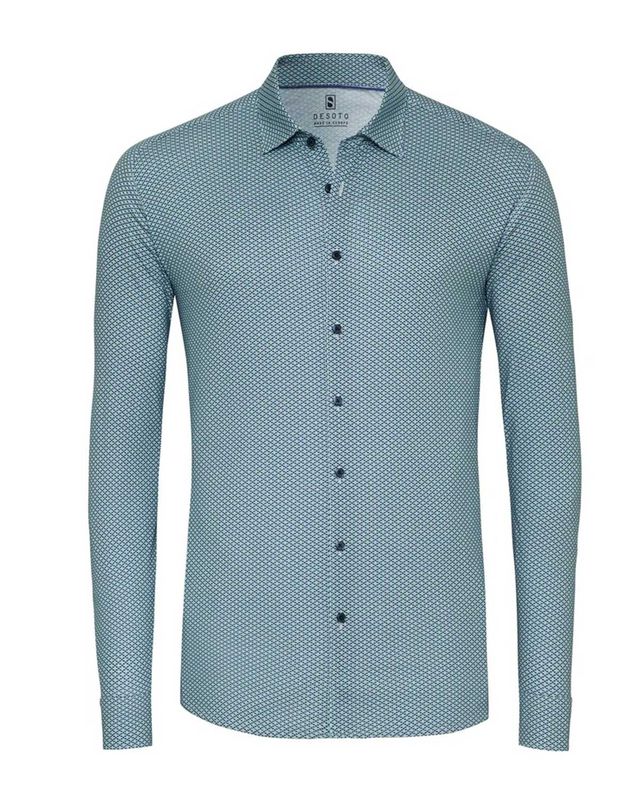 DESOTO jersey overhemd 82232-3 623 met geometrisch blauw-groen motief en Kent boord

