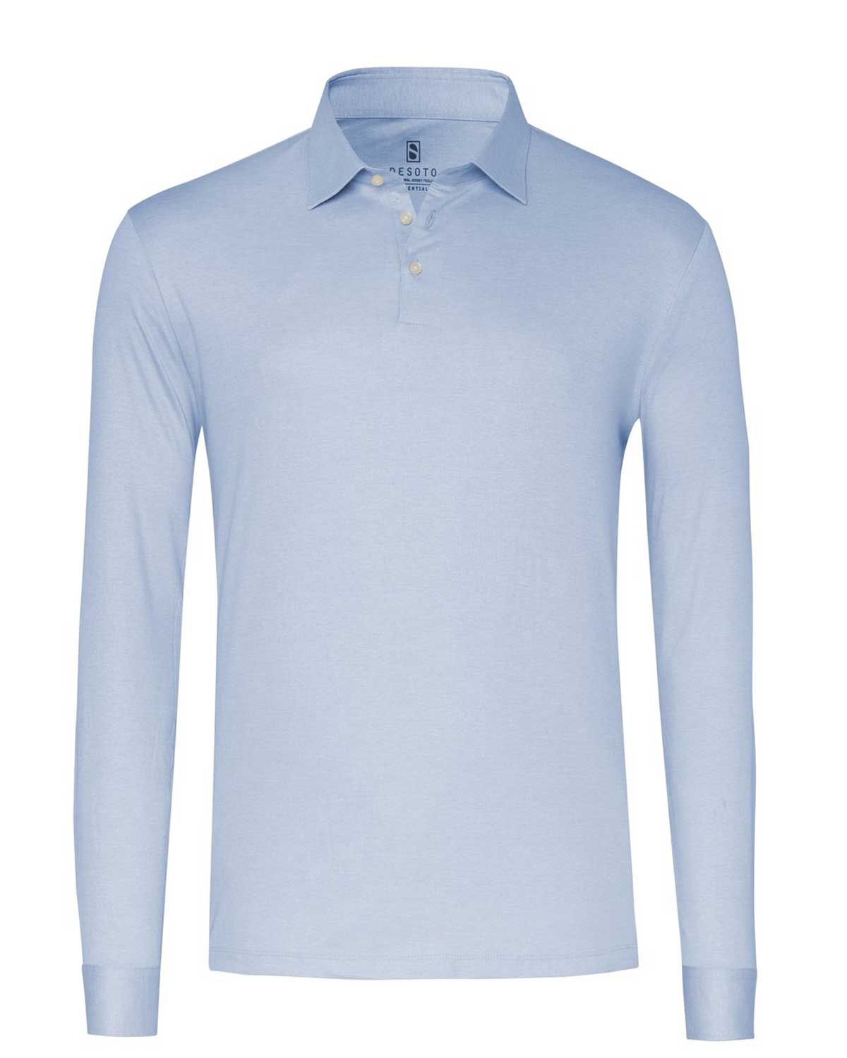 Lichtblauwe Desoto jersey polo met lange mouw en Kent boord