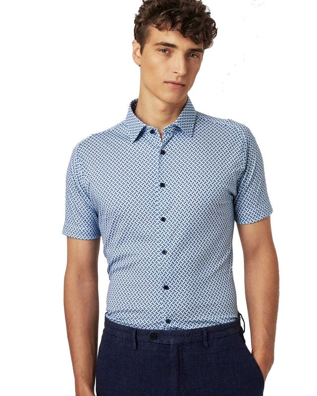 Desoto kort mouw overhemd in blauw met geometrische print van zachte jersey