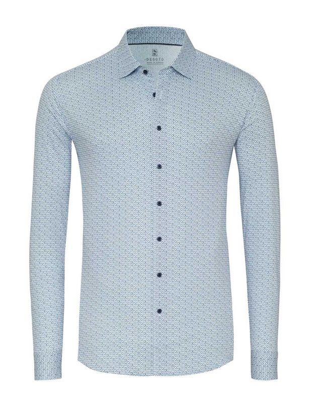 Desoto herenoverhemd lange mouw met subtiel blauw grafisch dessin, non-iron jersey