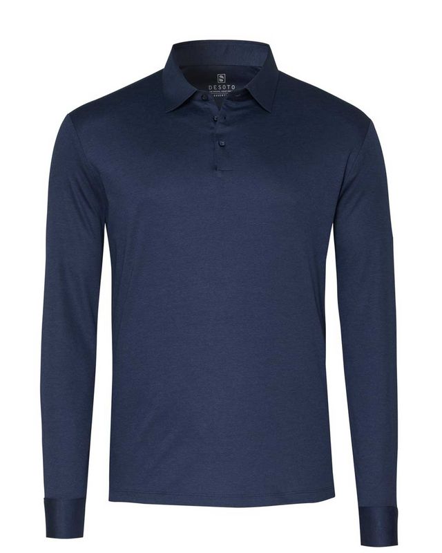 Desoto lange mouw polo in donkerblauw katoen met klassieke kraag en knoopsluiting

