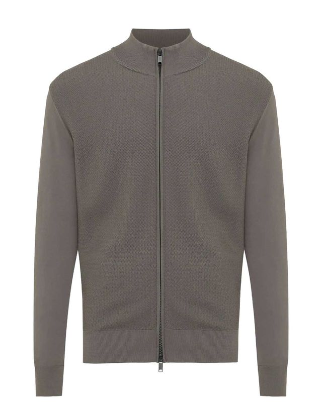 Vooraanzicht donkerbeige Genti vest met rits en opstaande kraag