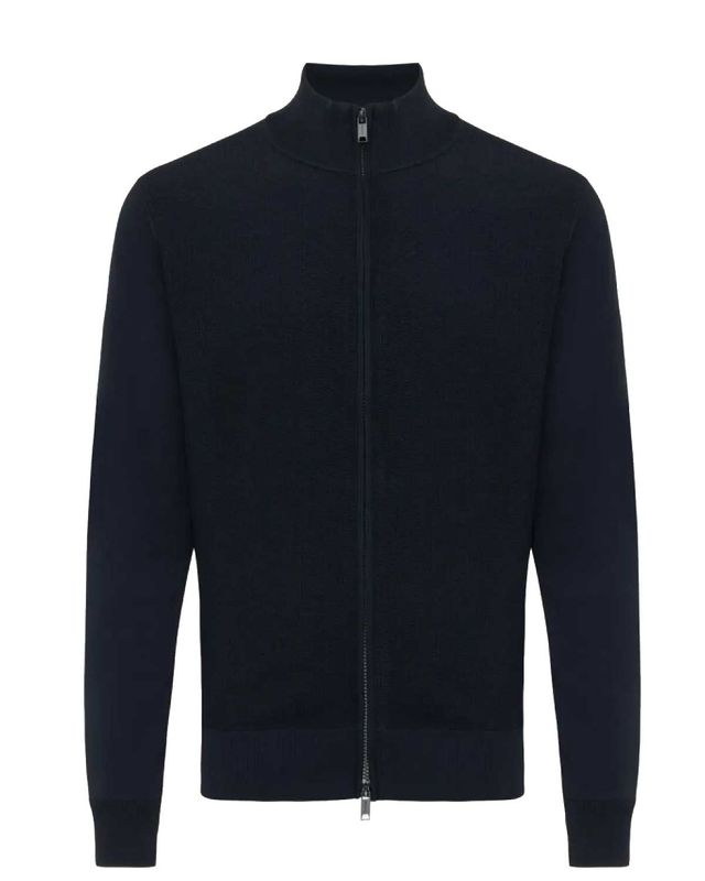 Vooraanzicht donkerblauw Genti vest met rits en opstaande kraag