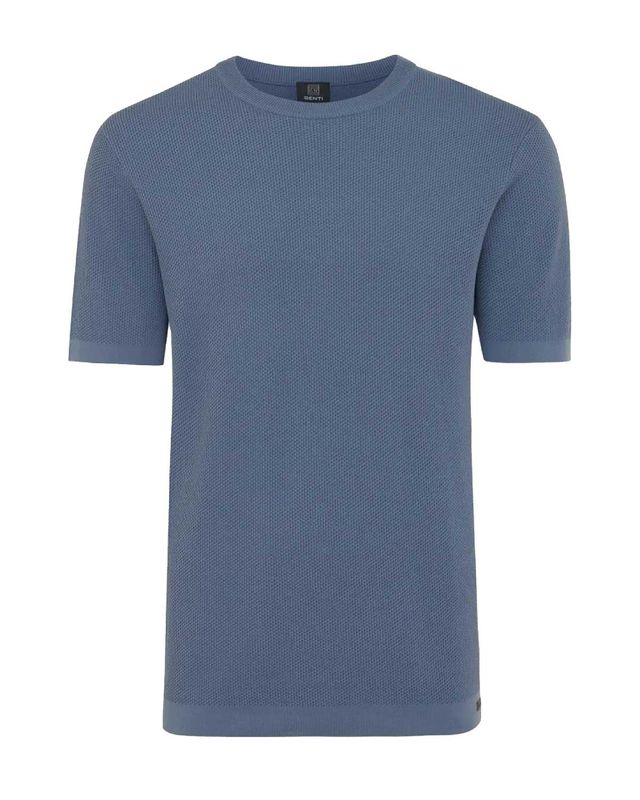 Genti T-shirt K2091-1260-014 middenblauw heren shirt met structuur in slim fit cool-dry stretchkwaliteit
