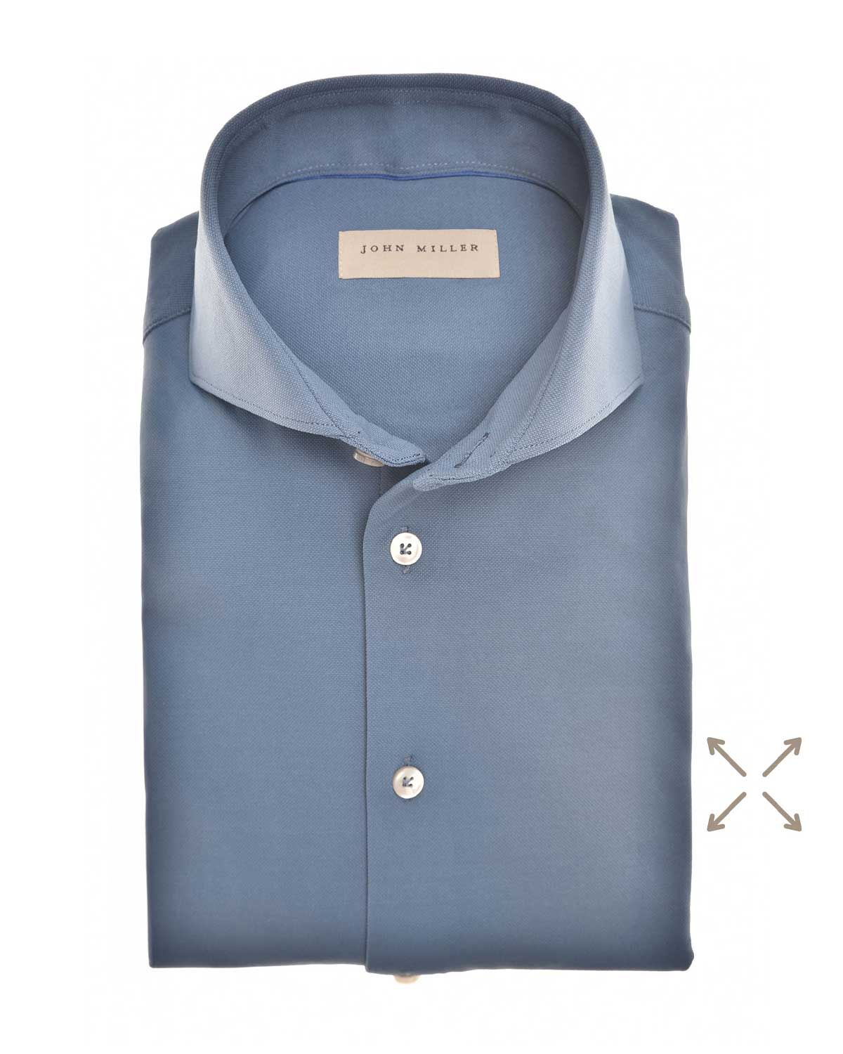 Gevouwen staalblauw John Miller overhemd met cutaway boord, slim fit pasvorm en grijze knopen