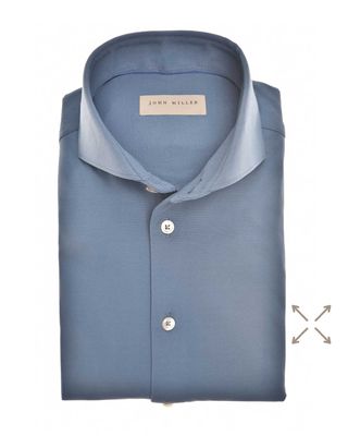Gevouwen staalblauw John Miller overhemd met cutaway boord, slim fit pasvorm en grijze knopen