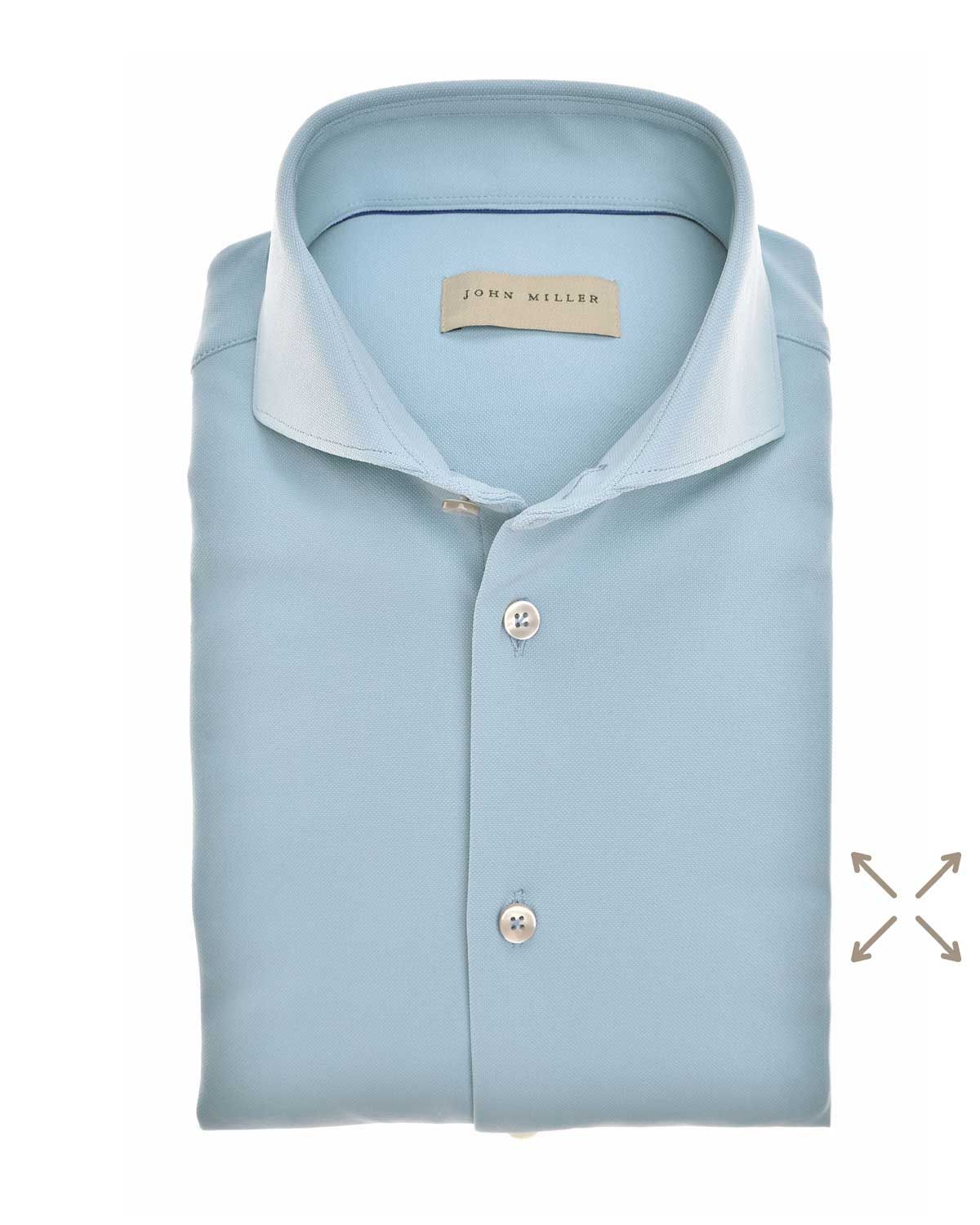 Lichtblauw John Miller overhemd van hyperstretch met cutaway boord en witte knopen, slim fit pasvorm
