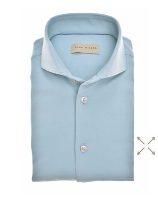 Lichtblauw John Miller overhemd van hyperstretch met cutaway boord en witte knopen, slim fit pasvorm