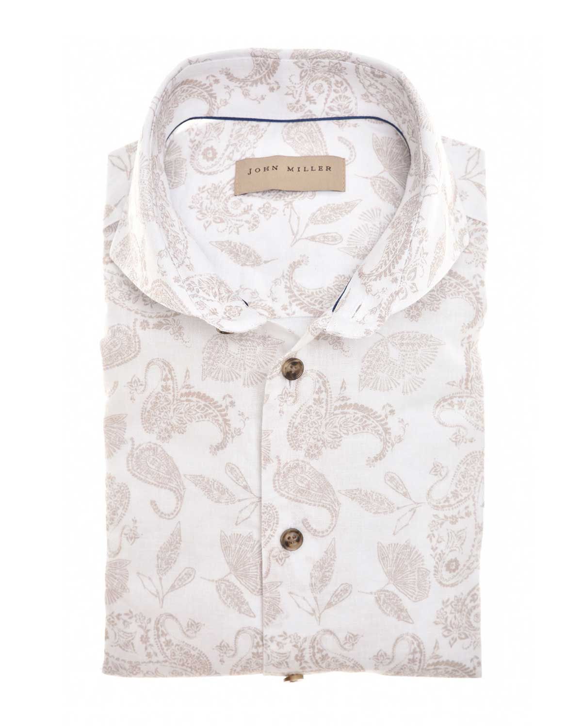  John Miller paisley overhemd in wit met bruine print en cutaway boord, linnenmix