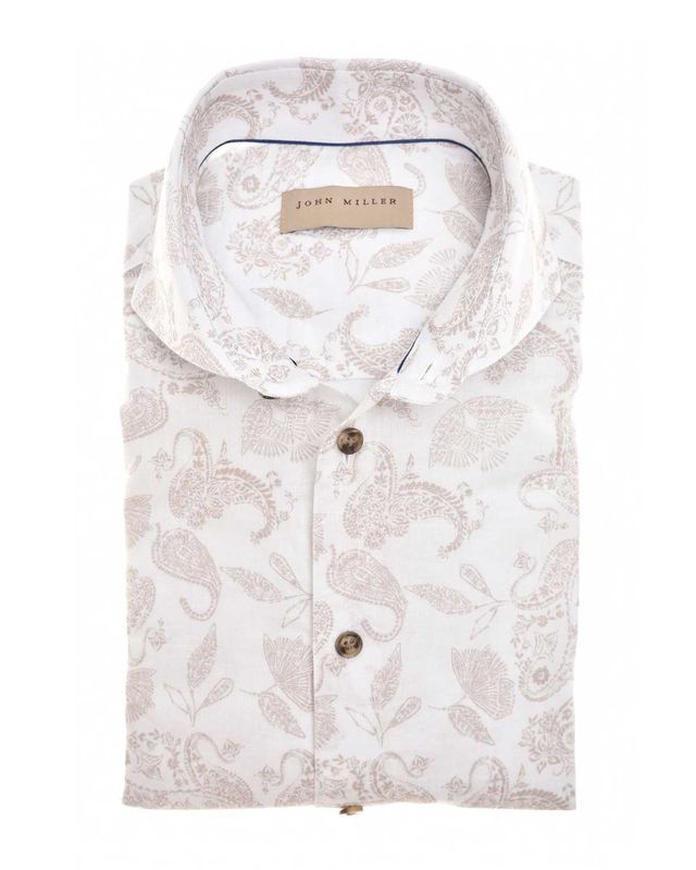  John Miller slimfit paisley overhemd in wit met bruine print en cutaway boord, linnenmix