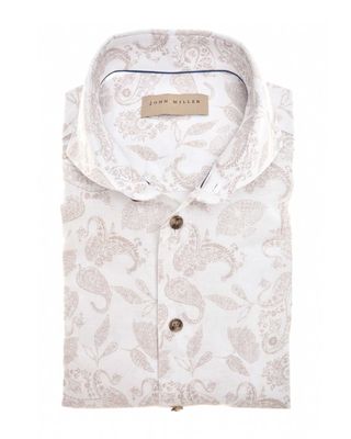  John Miller slimfit paisley overhemd in wit met bruine print en cutaway boord, linnenmix
