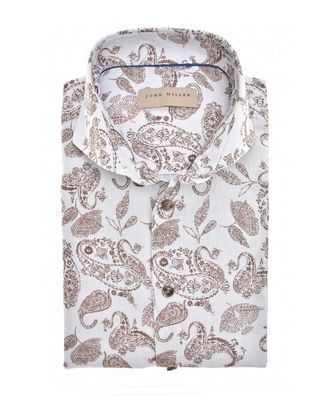 Lichtblauw John Miller overhemd van linnenmix met paisleyprint en cutaway boord, zomers en stijlvol
