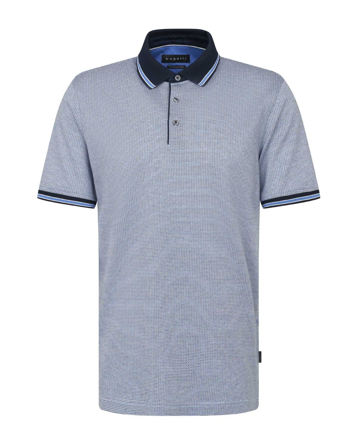 Blauw gemêleerde Bugatti polo met donkerblauwe kraag en fijne structuurprint

