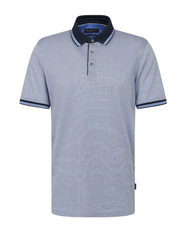 Blauw gemêleerde Bugatti polo met donkerblauwe kraag en fijne structuurprint

