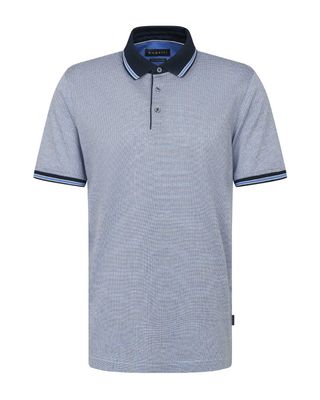 Blauw gemêleerde Bugatti polo met donkerblauwe kraag en fijne structuurprint

