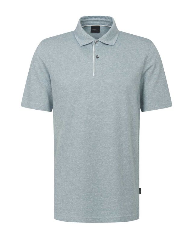 Groene Bugatti polo met korte mouwen, linnenlook en witte piping langs de knoopsluiting

