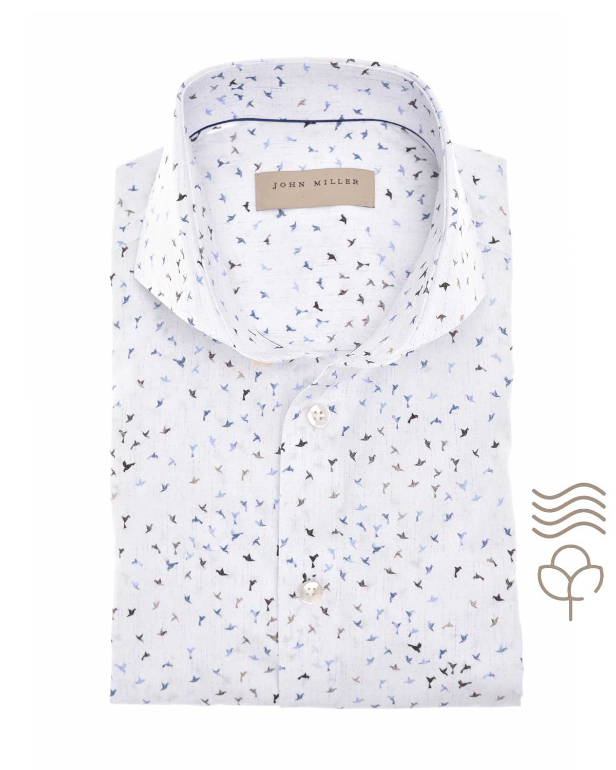 Lichtblauw John Miller overhemd 5141789-130 – tailored fit met print en cutaway kraag