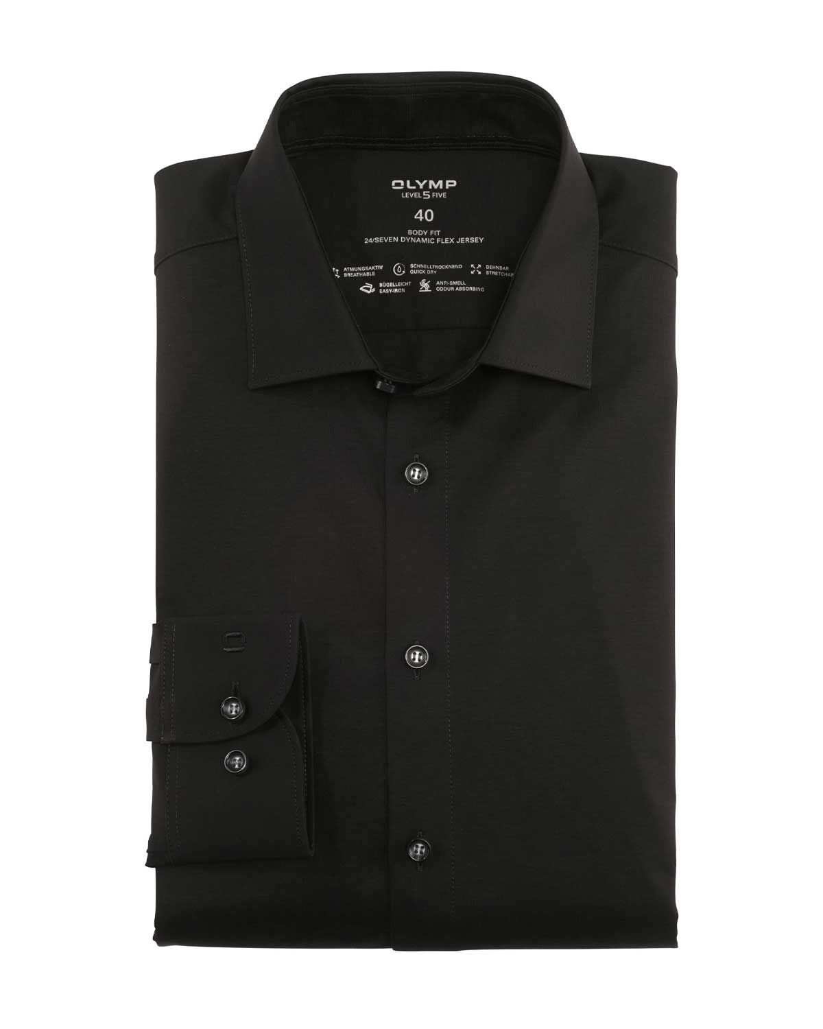 OLYMP Level Five 24/Seven overhemd 2008/64/68 in zwart – body fit van Dynamic Flex Jersey