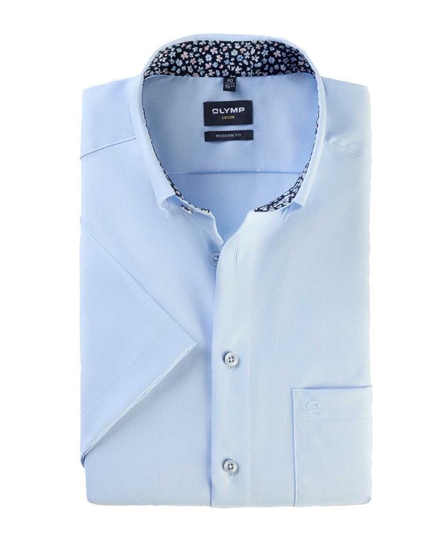 Lichtblauw OLYMP Luxor korte mouw overhemd 1294/72/10 met bloemenkraag