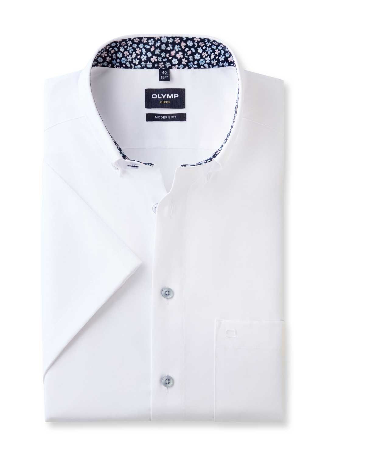 Wit OLYMP Luxor korte mouw overhemd 1294/72/00 met bloemenprint in de kraag