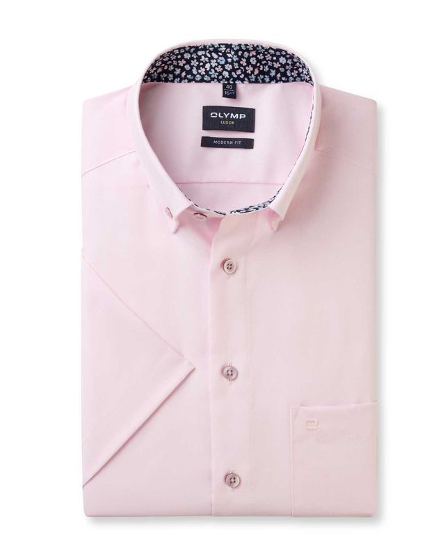 Lichtroze OLYMP Luxor korte mouw overhemd 1294/72/30 met bloemenprint in kraag