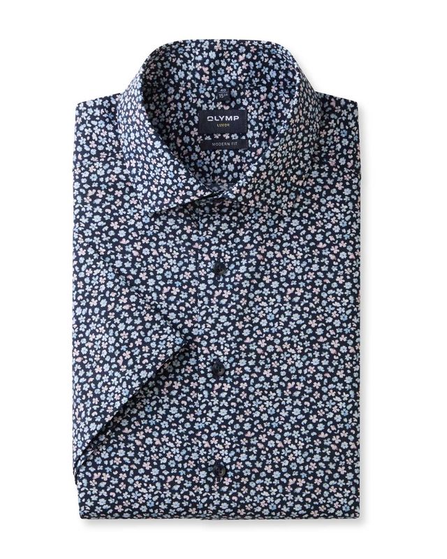 Marineblauw OLYMP Luxor overhemd korte mouw met bloemenprint