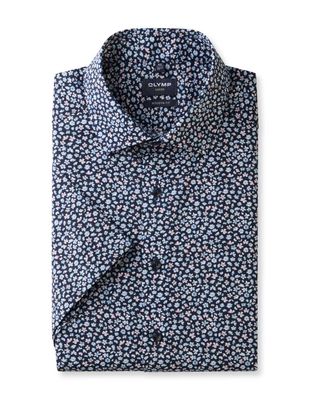 Marineblauw OLYMP Luxor overhemd korte mouw met bloemenprint