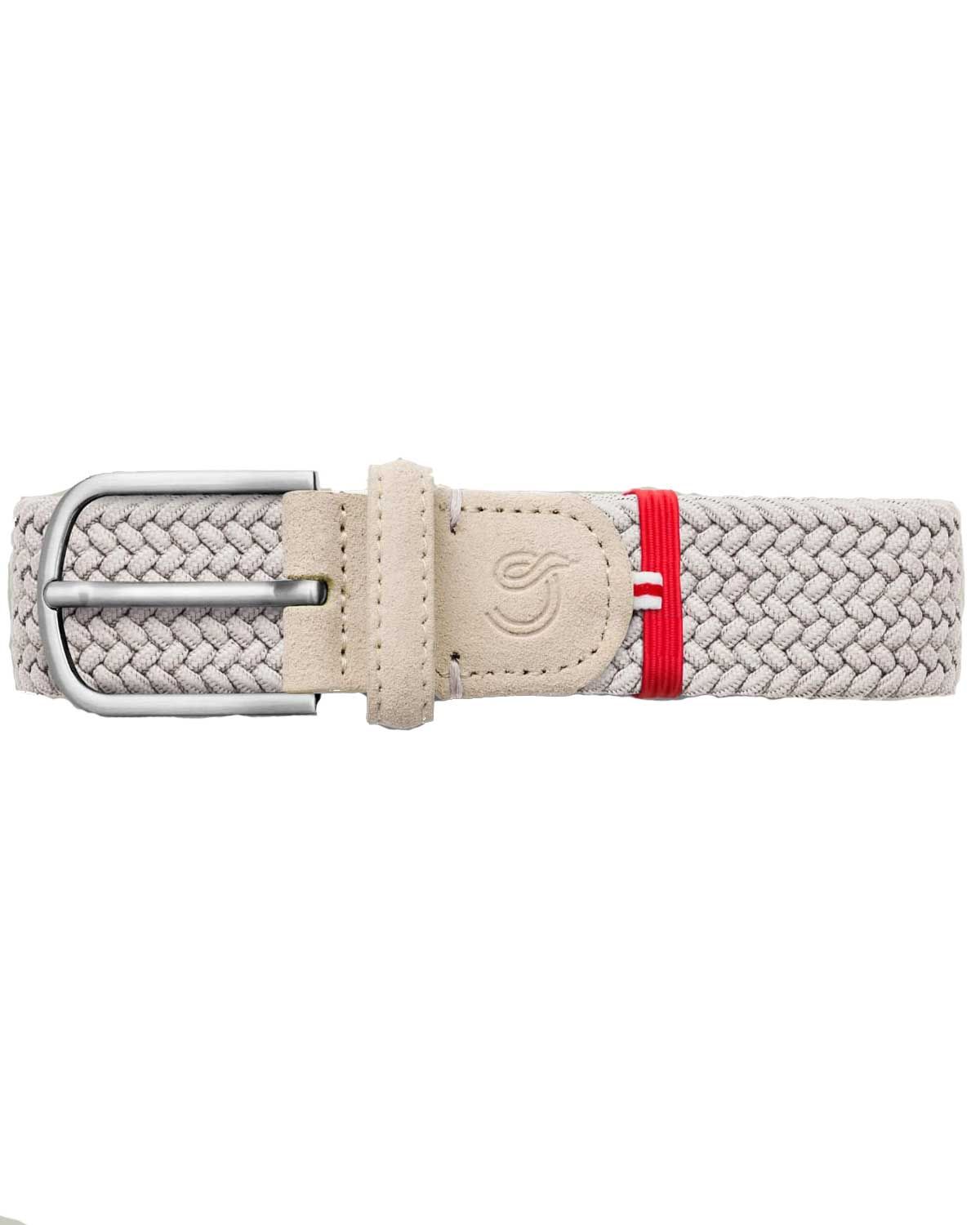 La Boucle Ischia riem in zilvergrijs suede met rode lus