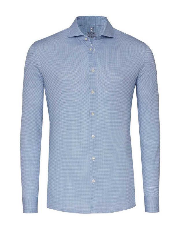 Desoto jersey overhemd in lichtblauw micro-ruitmotief, rechte productfoto

