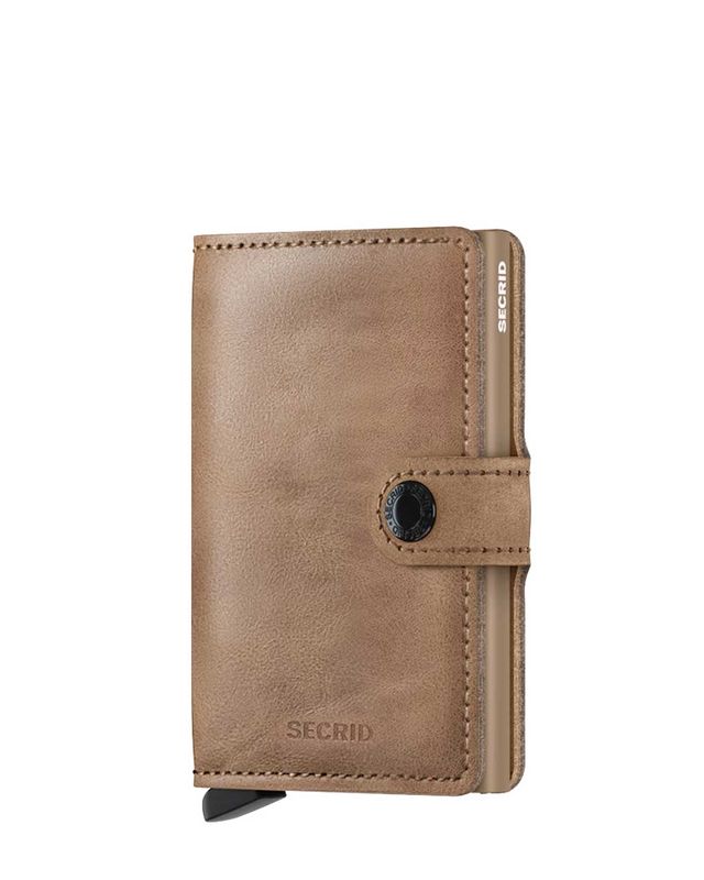 Secrid Miniwallet Vintage Taupe voorkant in hoogwaardig taupe leer met aluminium Cardprotector.