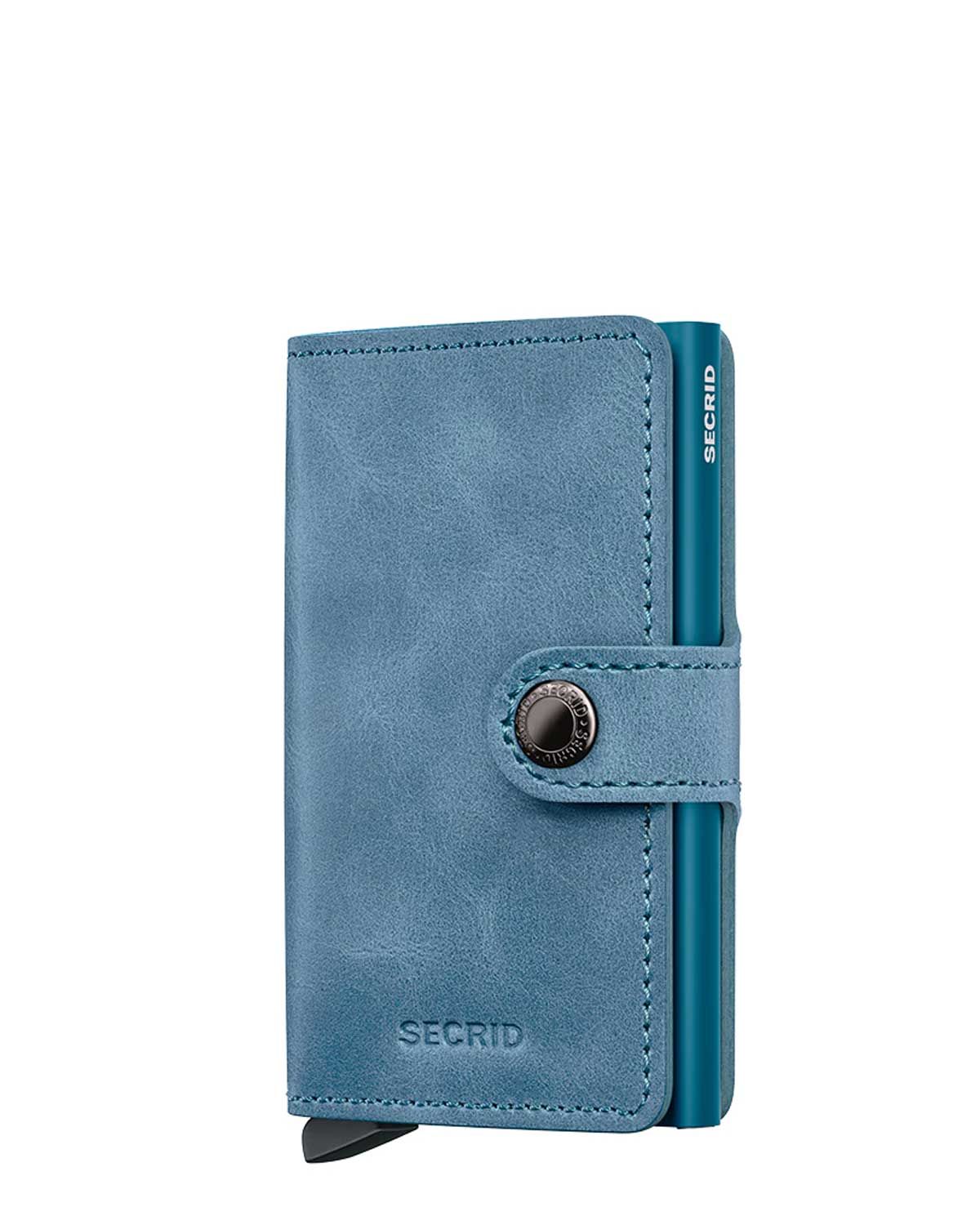 Secrid Miniwallet Vintage Teal voorkant, stijlvol blauwgroen leer met aluminium Cardprotector.