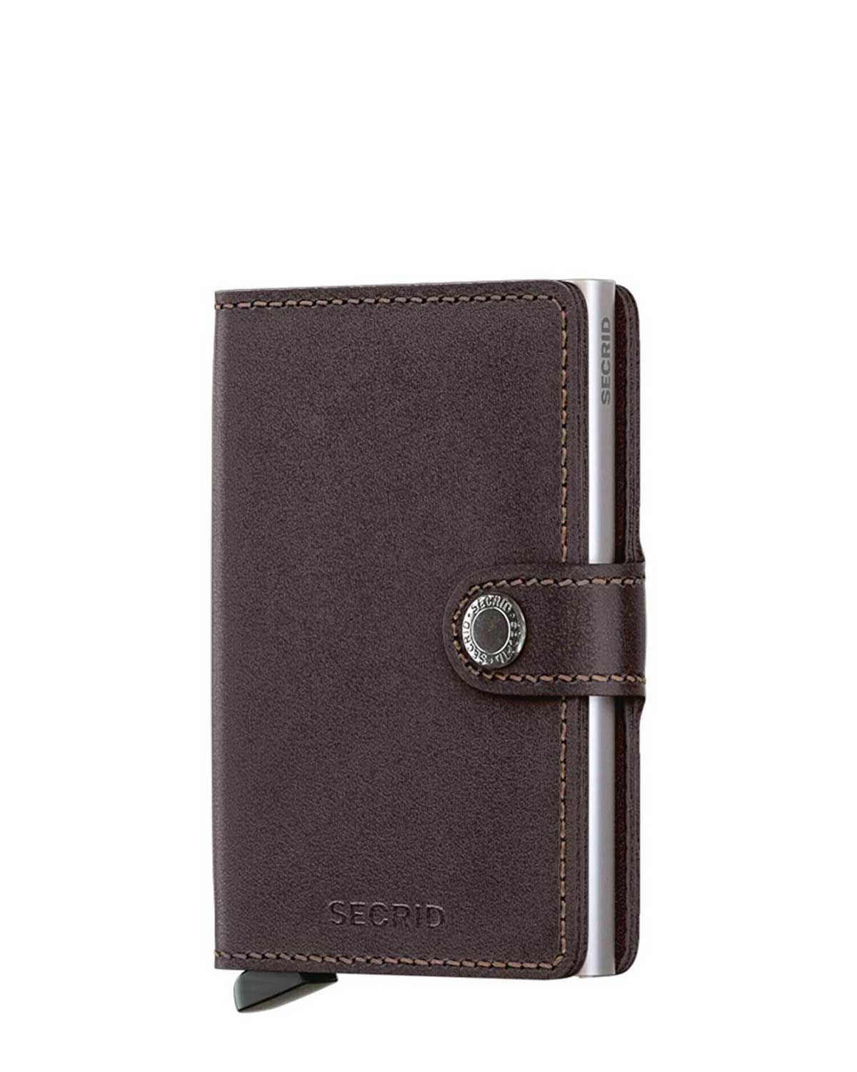 Secrid Miniwallet Original Dark Brown voorkant in glad donkerbruin leer met aluminium Cardprotector.