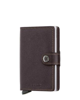 Secrid Miniwallet Original Dark Brown voorkant in glad donkerbruin leer met aluminium Cardprotector.