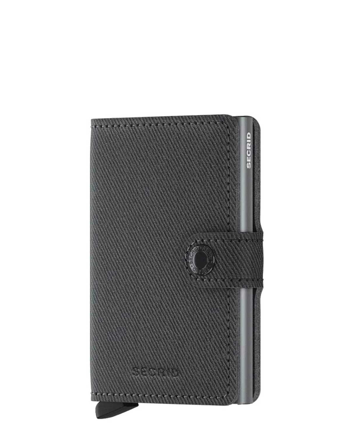 Secrid Miniwallet Twist Grey voorkant met geweven leer en aluminium Cardprotector.

