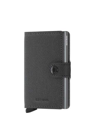 Secrid Miniwallet Twist Grey voorkant met geweven leer en aluminium Cardprotector.

