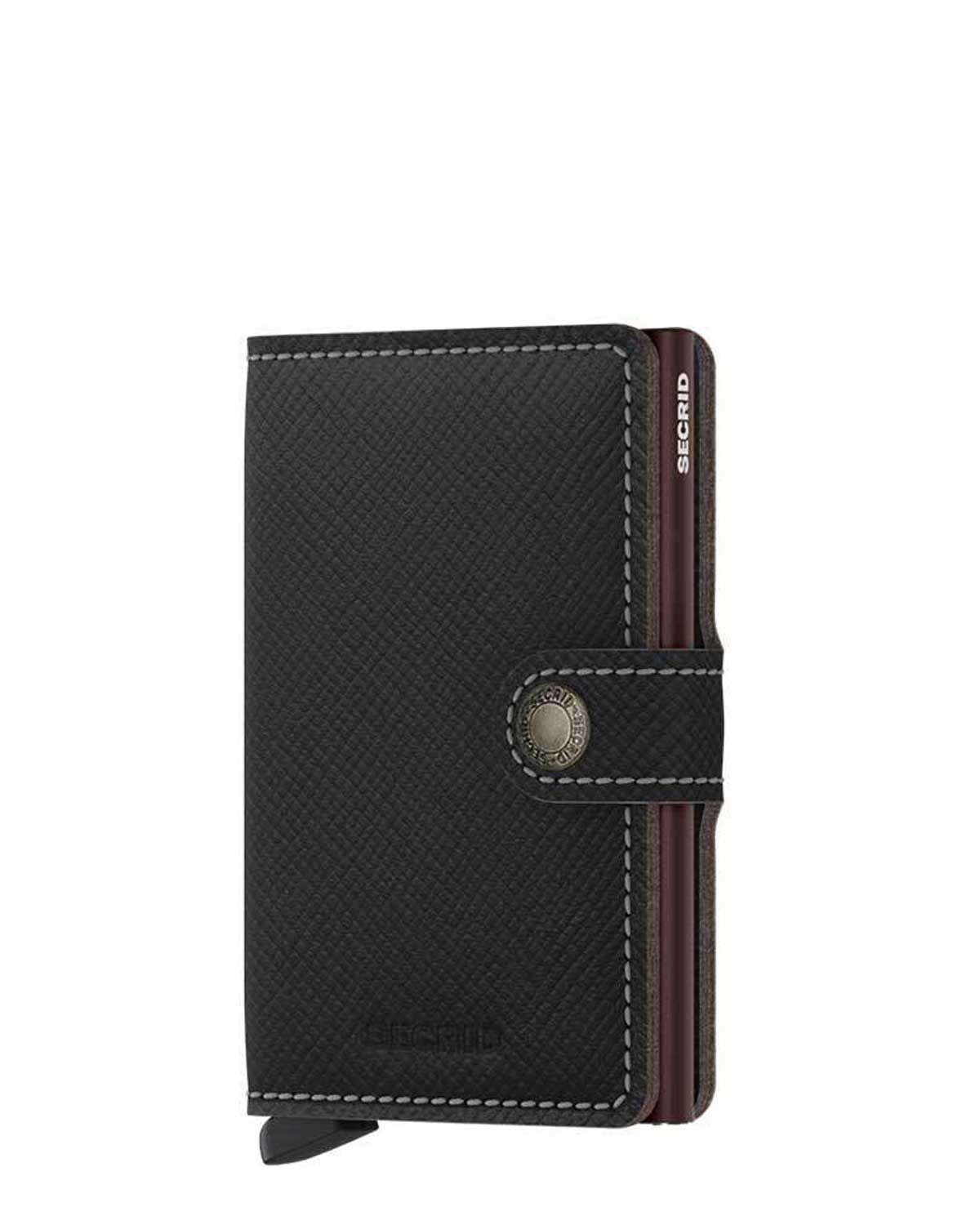 Secrid Miniwallet Saffiano Brown voorkant in bruin leer met saffiano textuur en aluminium Cardprotector.