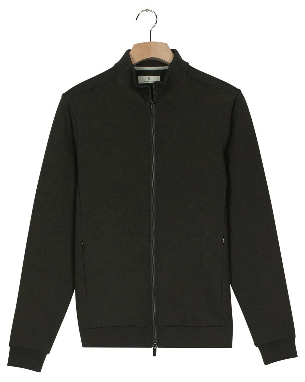 Thomas Maine sweat cardigan heren donkergroen 5222TM011, full zip vest van katoenmix met stretch en ribboordafwerking