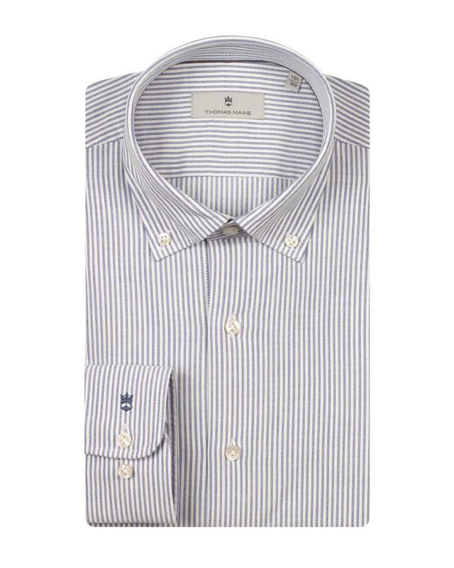 Thomas Maine navy dressshirt 527708 Torino button down brushed Oxford met streep, voorkant
