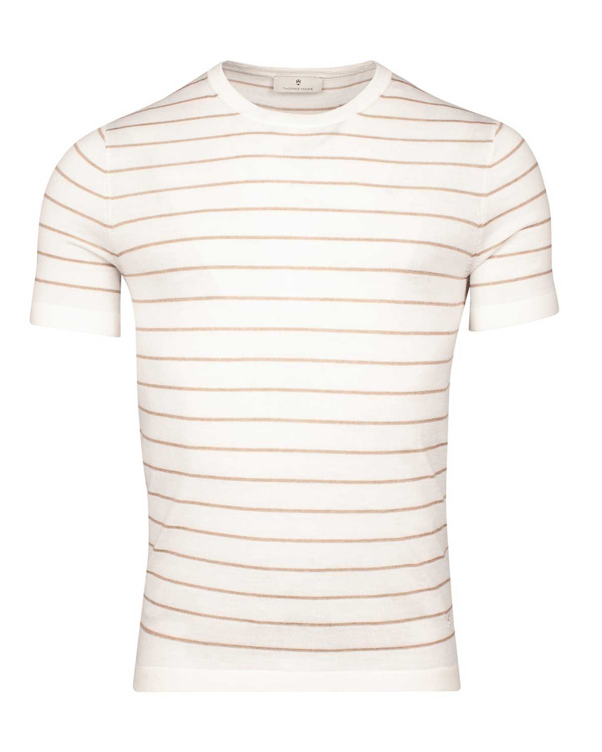 Thomas Maine T-shirt 51825TM105-11 met korte mouw, crew neck en all-over streepprint in ecru, voorkant