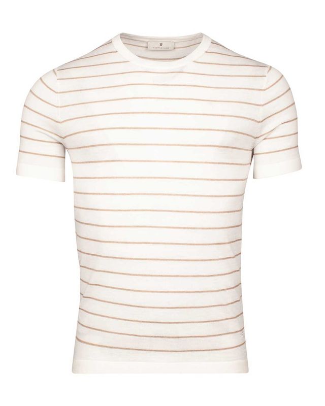 Thomas Maine T-shirt 51825TM105-11 met korte mouw, crew neck en all-over streepprint in ecru, voorkant