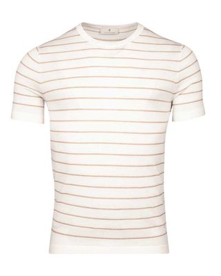 Thomas Maine T-shirt 51825TM105-11 met korte mouw, crew neck en all-over streepprint in ecru, voorkant