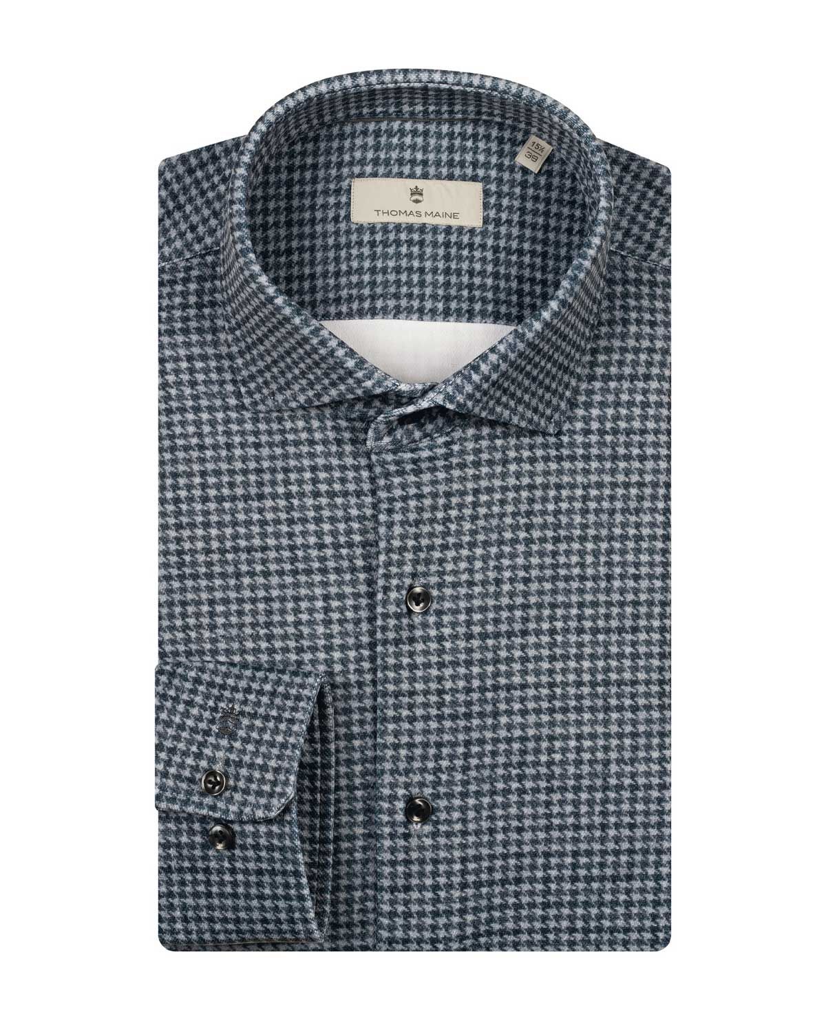 Thomas Maine dressshirt Roma 527720 met modern Kent kraag en pied de poule print in navy blauw, voorkant