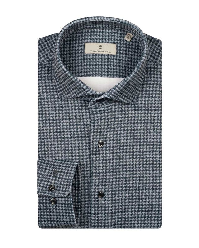 Thomas Maine dressshirt Roma 527720 met modern Kent kraag en pied de poule print in navy blauw, voorkant