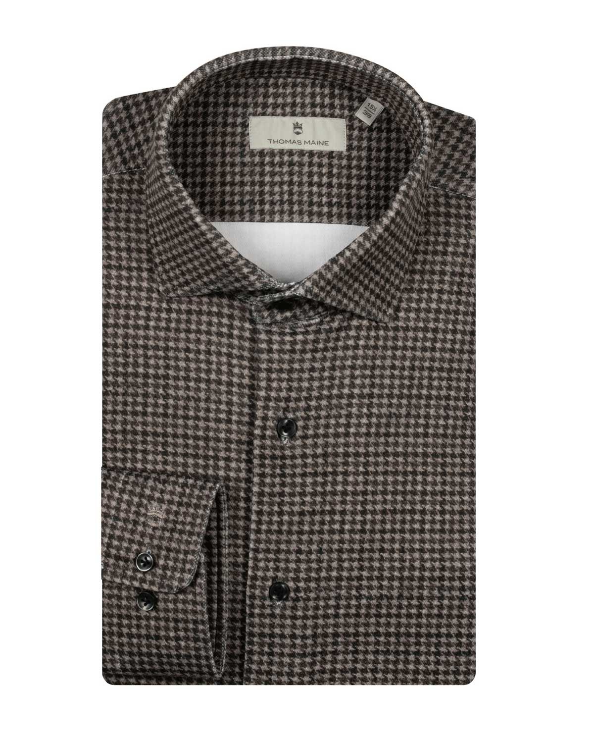 Thomas Maine dressshirt Roma 527720 met modern Kent kraag en pied de poule print in bruin, voorkant