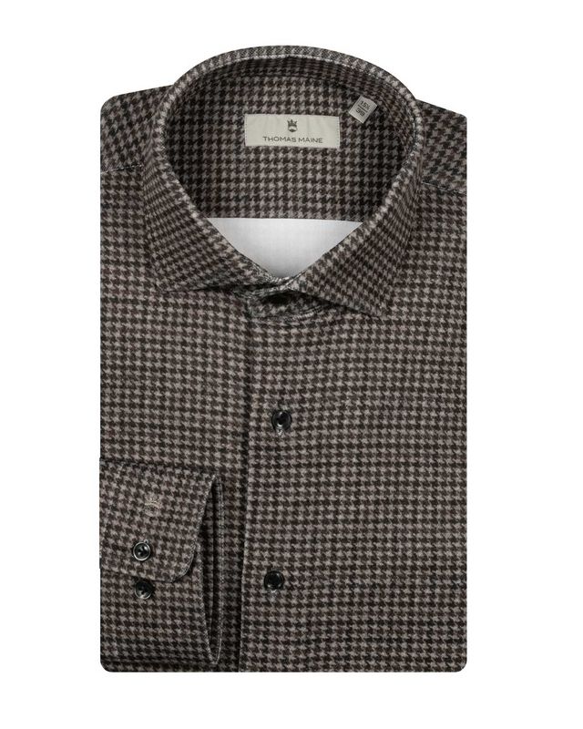 Thomas Maine dressshirt Roma 527720 met modern Kent kraag en pied de poule print in bruin, voorkant