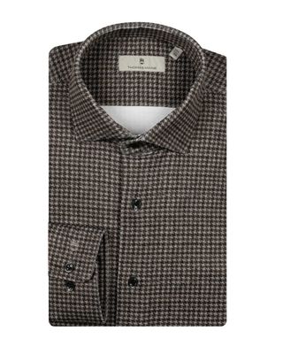 Thomas Maine dressshirt Roma 527720 met modern Kent kraag en pied de poule print in bruin, voorkant